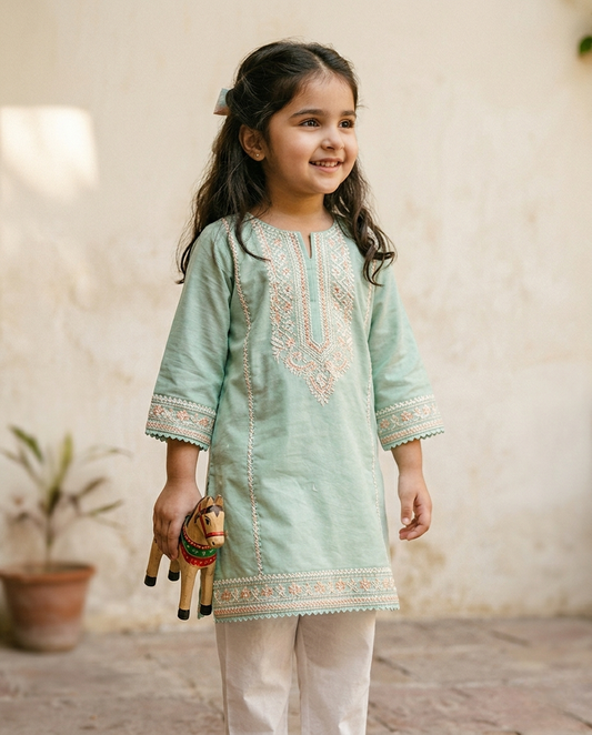 Mint Blossom Embroidered Kurti Set
